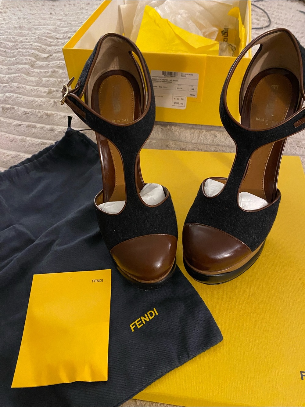 Fendi Black and Brown T-Strap Platform Heels, Shoe Bag, Extra heel taps and Box